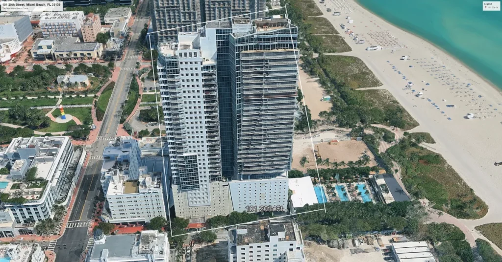 "Aerial view of Setai Miami Beach condo building at 101 20th Street where David Guetta owned unit"