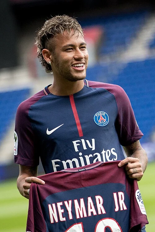 Neymar Jr at his record-breaking PSG unveiling in 2017 — one of the richest football players in the world