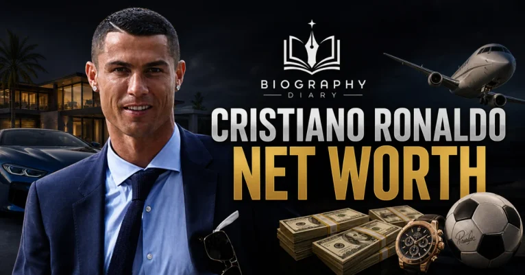 Cristiano Ronaldo net worth 2026 — billionaire lifestyle graphic with luxury car, private jet and cash