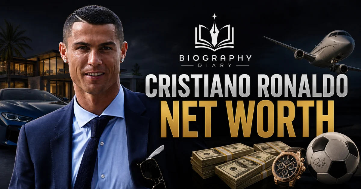 Cristiano Ronaldo net worth 2026 — billionaire lifestyle graphic with luxury car, private jet and cash