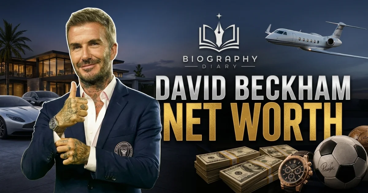 David Beckham net worth 2026 — luxury lifestyle graphic with sports car, private jet and cash