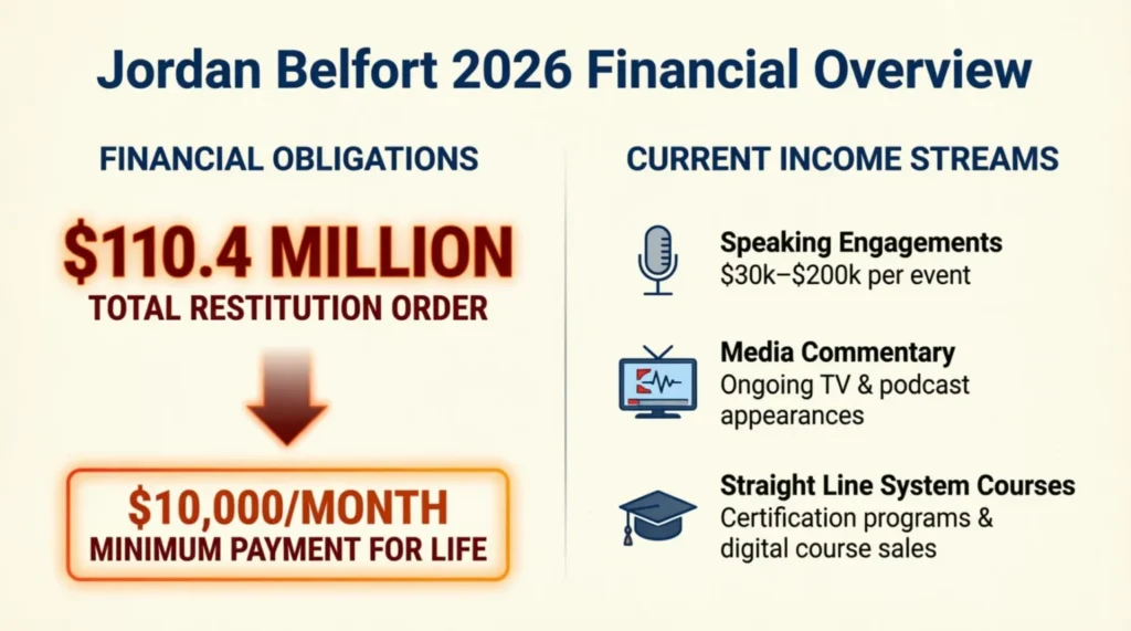Jordan Belfort 2026 financial breakdown showing $110.4 million restitution order with $10,000 monthly payments and current income from speaking engagements $30k-$200k media commentary and Straight Line System courses