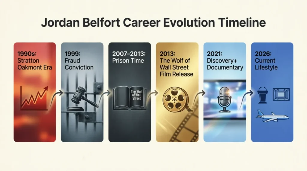 Jordan Belfort career timeline from 1990s Stratton Oakmont through 2026 current lifestyle showing evolution from fraud to speaker and media commentator