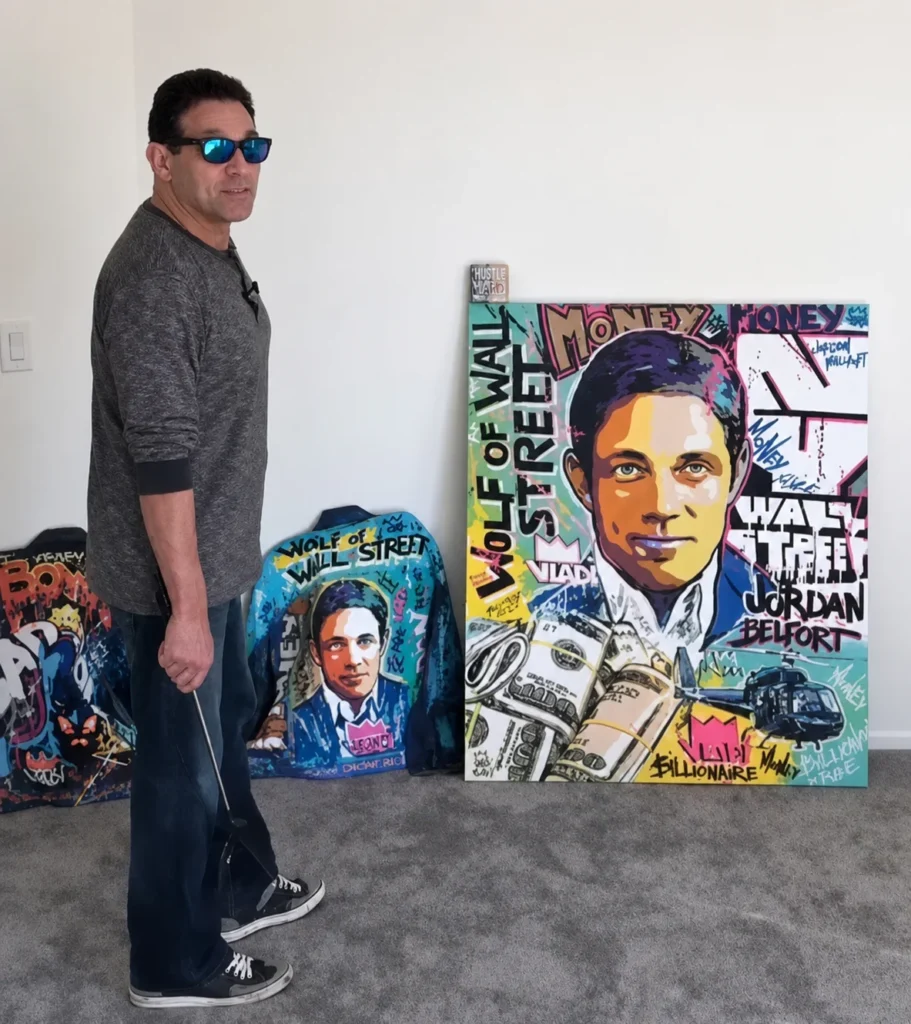 Jordan Belfort standing next to colorful Wolf of Wall Street pop art portrait and branded merchandise