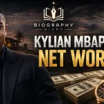 Kylian Mbappé net worth 2026 — luxury lifestyle graphic with sports car, private jet and cash