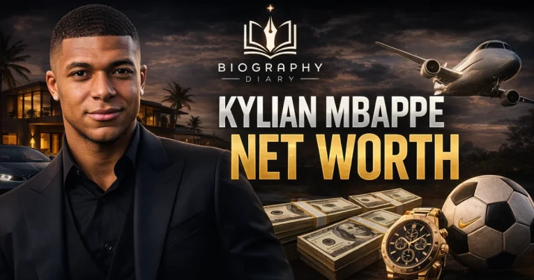 Kylian Mbappé net worth 2026 — luxury lifestyle graphic with sports car, private jet and cash