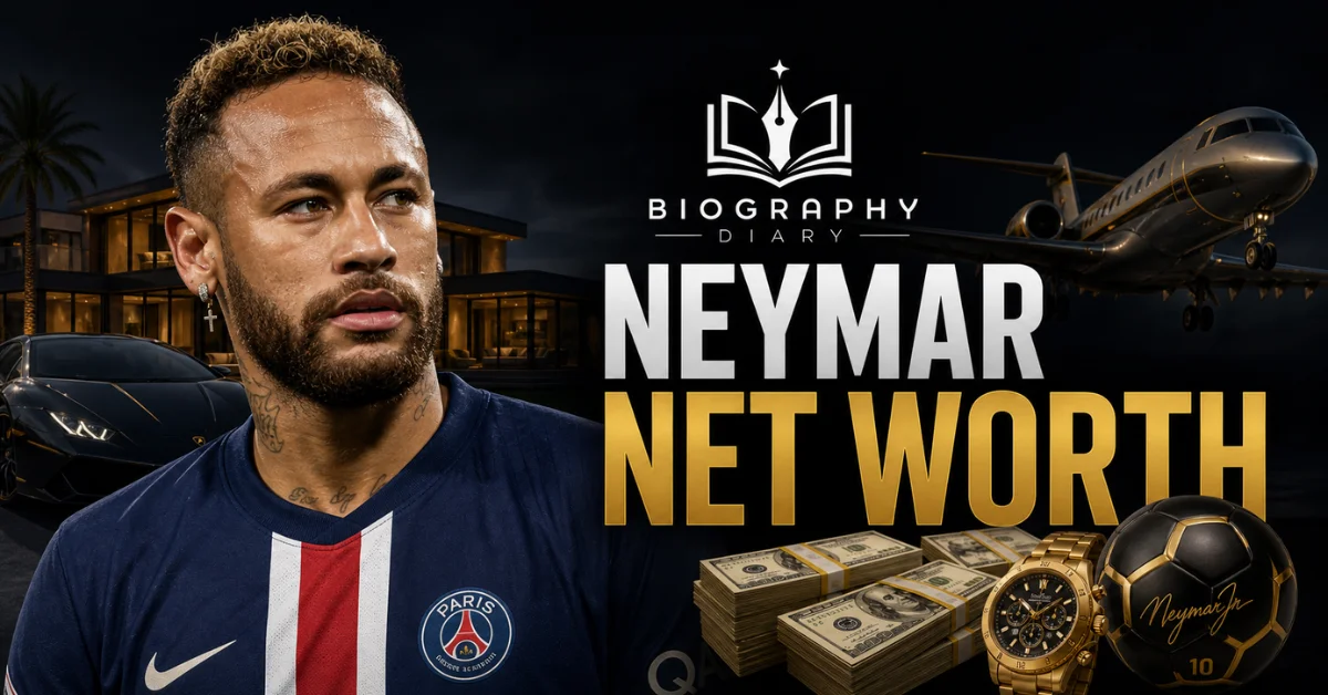 Neymar net worth 2026 — luxury lifestyle graphic with supercar, private jet and cash