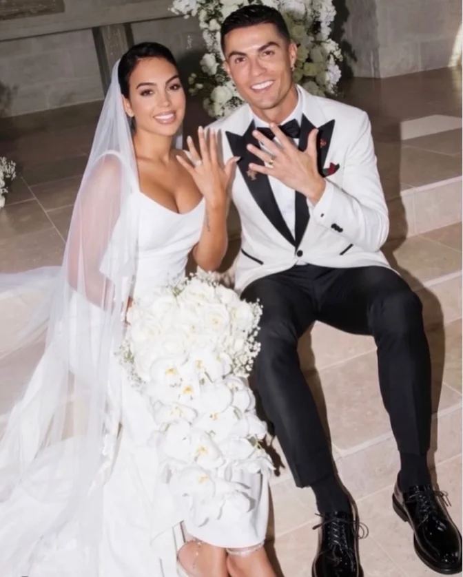 Cristiano Ronaldo and Georgina Rodríguez showing their wedding rings after their August 2026 civil ceremony
