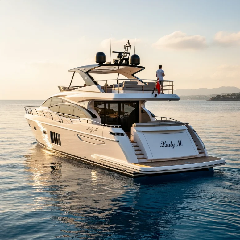 Luxury charter yacht named Lady M on calm waters, used for filming The Wolf of Wall Street movie.