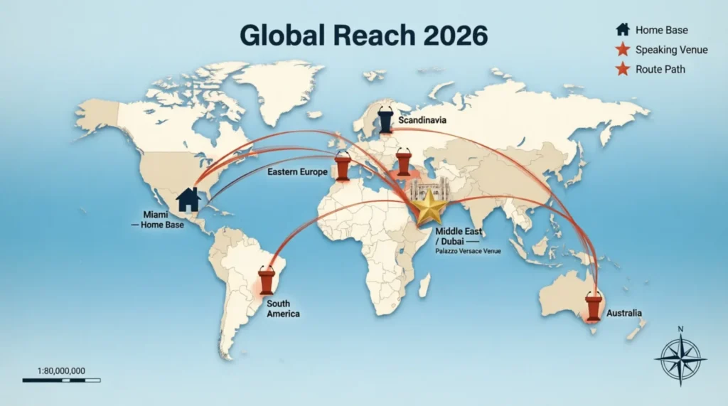 World map showing Jordan Belfort's 2026 global speaking tour locations including Miami home base Eastern Europe South America Scandinavia Australia and Dubai Middle East at Palazzo Versace venue