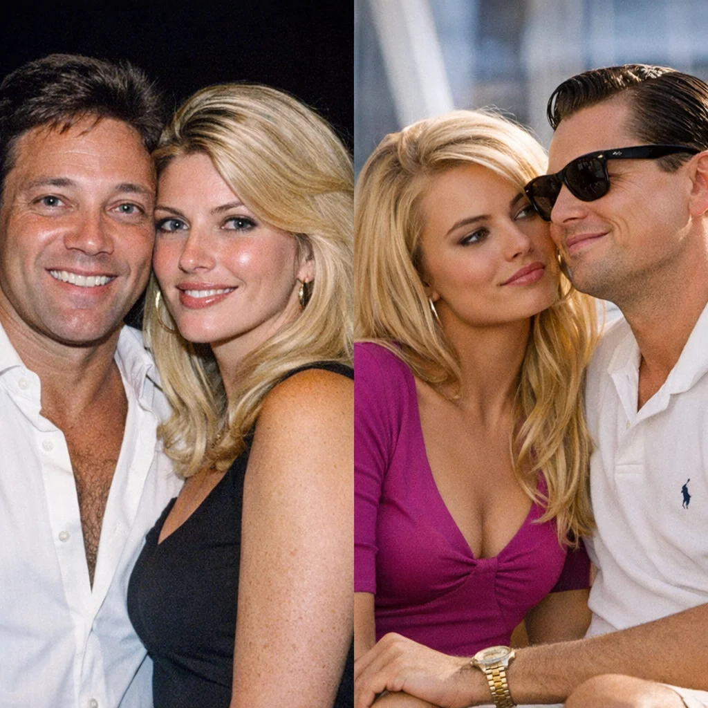 Split comparison image: AI-generated recreation of Jordan Belfort and Nadine Caridi real couple versus movie characters from The Wolf of Wall Street