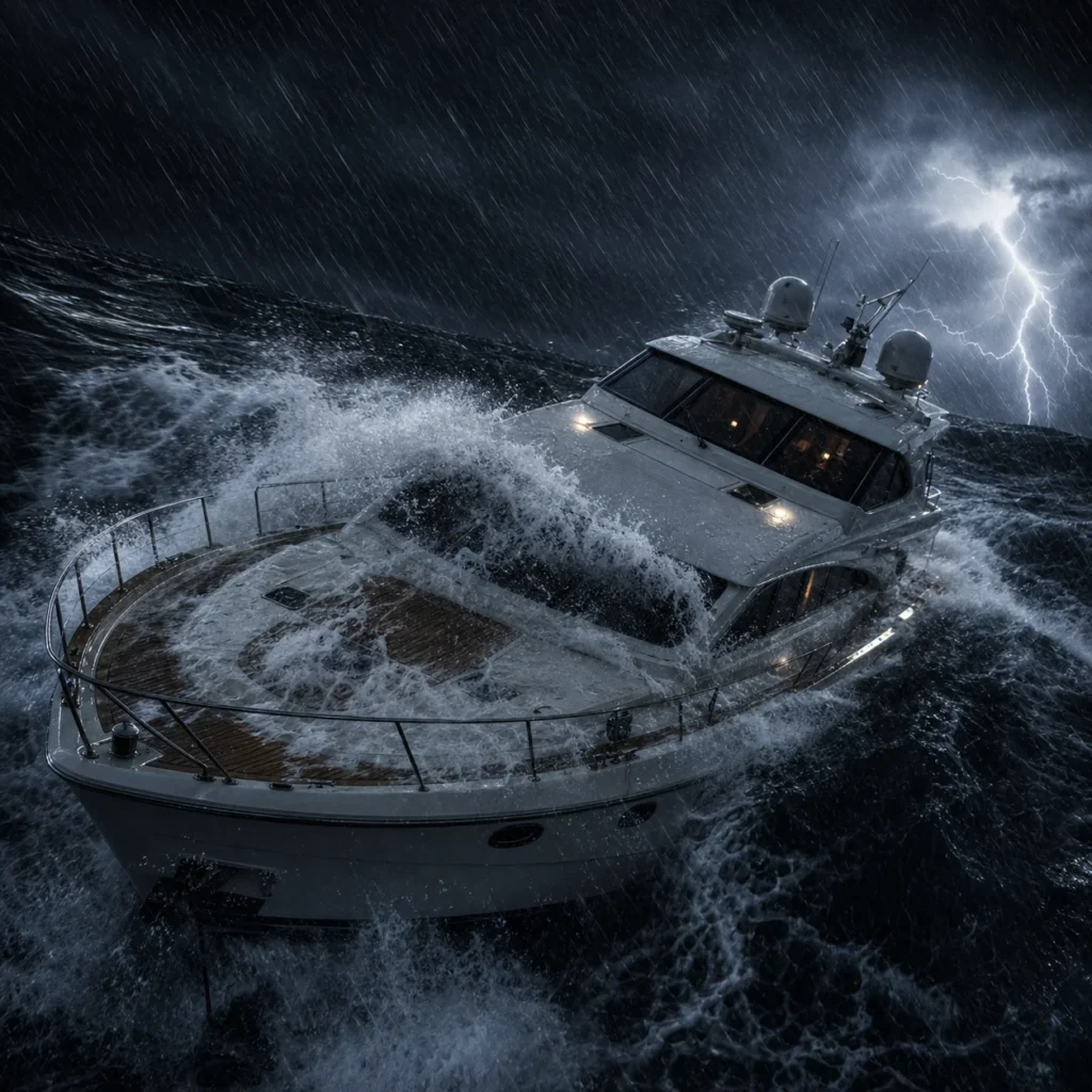 Illustration of a luxury motor yacht battling massive waves and a violent lightning storm in the Mediterranean Sea.