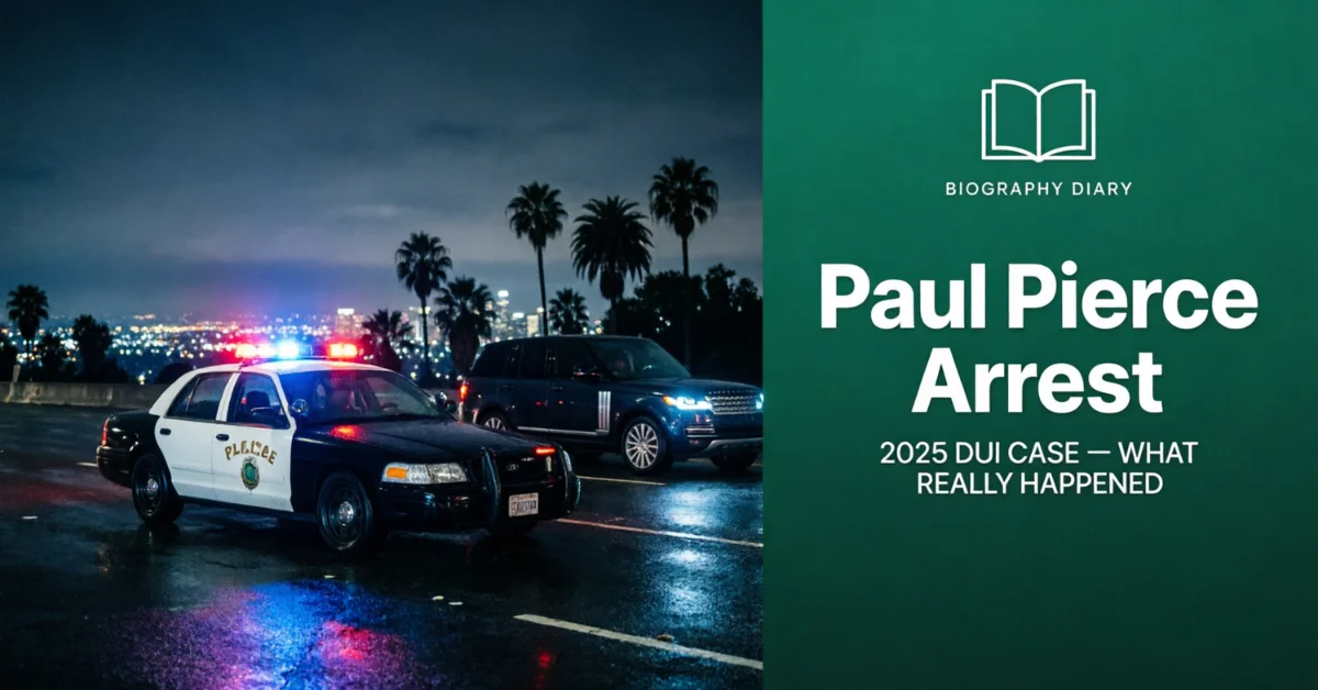 Paul Pierce Arrest — 2025 DUI case on the 101 Freeway, CHP patrol car at night (Biography Diary featured graphic)