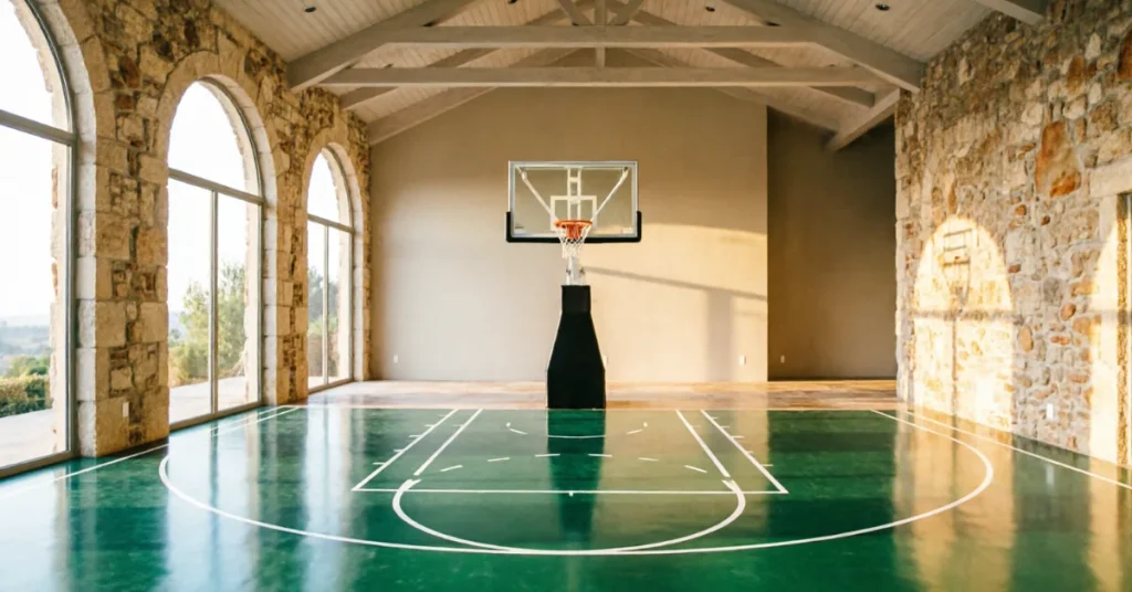 Interior of Paul Pierce's former Calabasas mansion featuring a Celtics-themed basketball court (illustration)