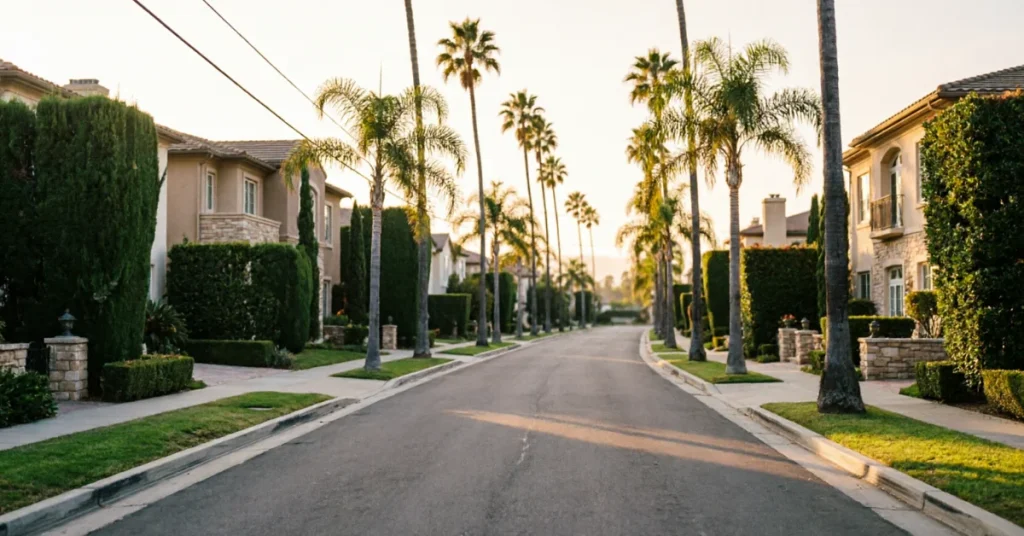 Tree-lined residential street in Woodland Hills, San Fernando Valley (illustration)