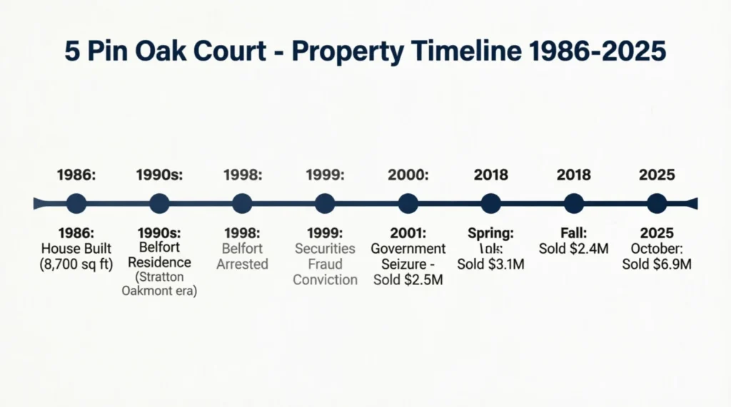 "5 Pin Oak Court property timeline showing sales history from 1986 to 2025 including Jordan Belfort residence, government seizure, and resale prices"