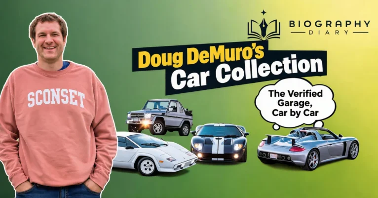 Doug DeMuro car collection featured image showing his verified garage: Lamborghini Countach, Mercedes G500 Cabriolet, Ford GT, and Porsche Carrera GT — Biography Diary