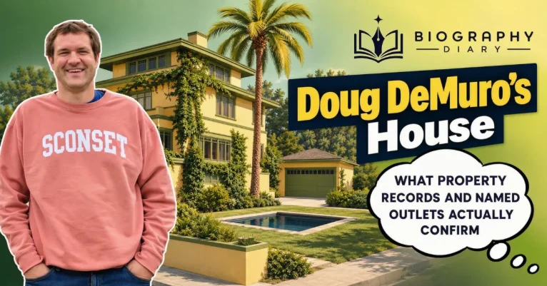 Featured illustration of Doug DeMuro's 1913 prairie-style Mission Hills house with palm tree, detached garage and plunge pool, alongside Doug DeMuro — Biography Diary