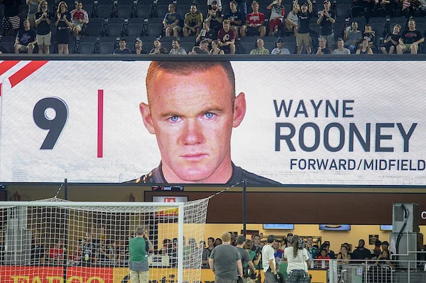 Stadium screen at Audi Field displaying Wayne Rooney as number 9 forward/midfield for D.C. United