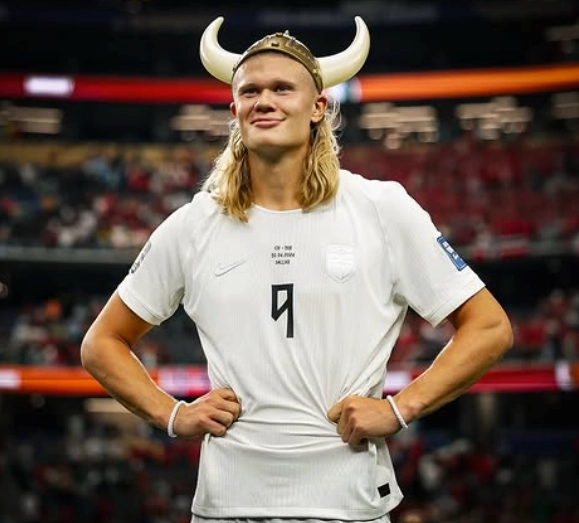 Erling Haaland posing in a Viking helmet in a photo shared on his official Instagram