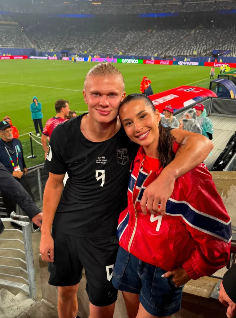 Erling Haaland with his partner Isabel Haugseng Johansen at a Norway match during the 2026 World Cup