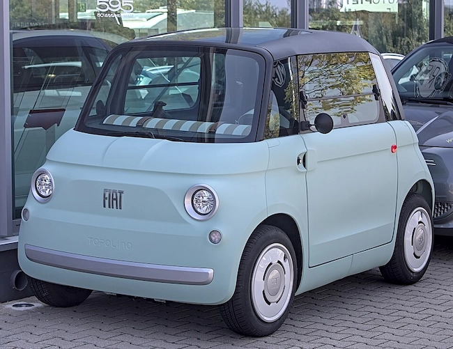 Light green Fiat Topolino electric microcar — the model gifted to Max Verstappen by Red Bull partner Fiat