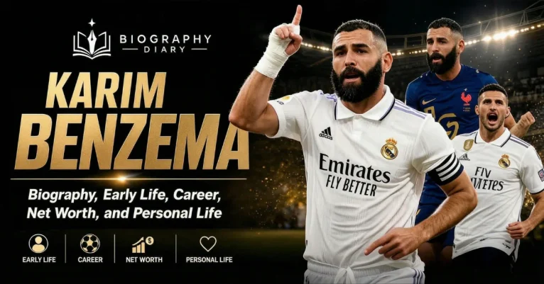Karim Benzema biography — career collage in Real Madrid and France kits