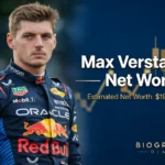 Max Verstappen in Oracle Red Bull Racing suit with estimated net worth $190–280 million and gold chart graphic — Biography Diary