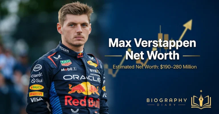Max Verstappen in Oracle Red Bull Racing suit with estimated net worth $190–280 million and gold chart graphic — Biography Diary