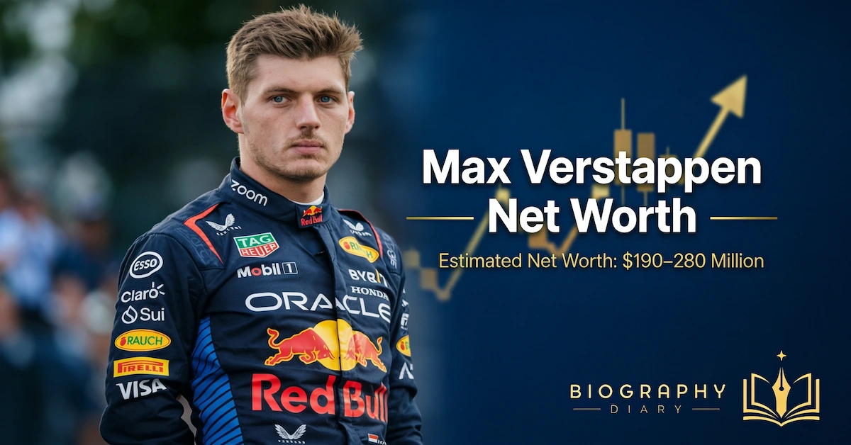 Max Verstappen in Oracle Red Bull Racing suit with estimated net worth $190–280 million and gold chart graphic — Biography Diary