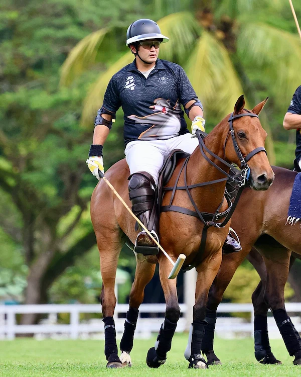 Prince Bahar playing polo at the Royal Brunei Polo and Riding Club, June 2024