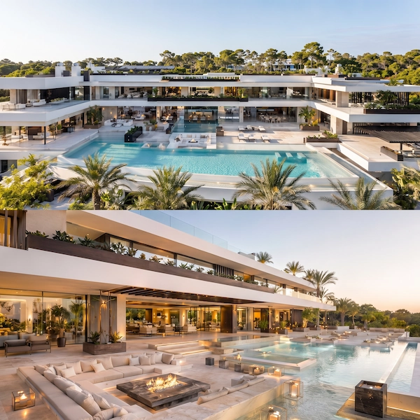 Modern luxury mansion with infinity pool and palm trees on the Portuguese coast