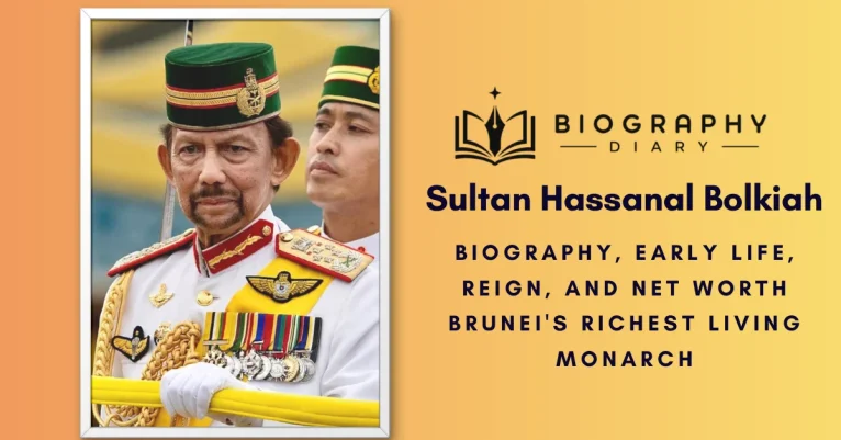 Sultan Hassanal Bolkiah, the 29th Sultan of Brunei, in white ceremonial military uniform with medals and green ceremonial cap