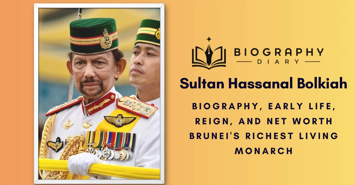 Sultan Hassanal Bolkiah, the 29th Sultan of Brunei, in white ceremonial military uniform with medals and green ceremonial cap