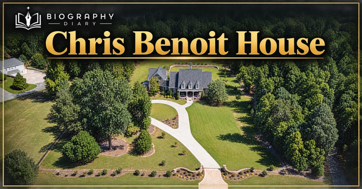 Aerial view of the Green Meadow Lane property in Fayetteville, Georgia, linked to Chris Benoit — AI-enhanced Google Maps imagery, Biography Diary