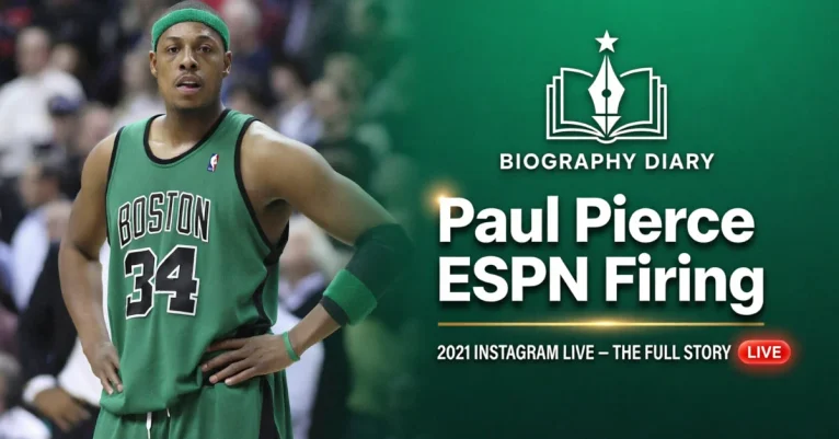 Paul Pierce in his Boston Celtics #34 jersey — his ESPN firing story (Biography Diary featured graphic)