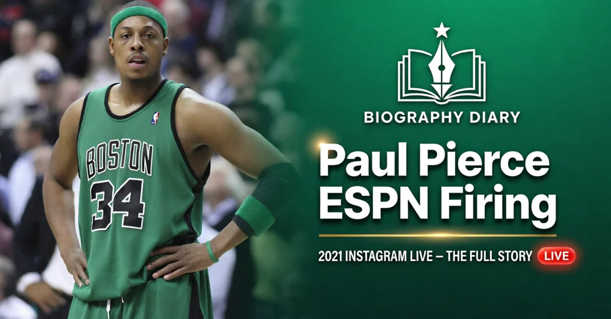 Paul Pierce in his Boston Celtics #34 jersey — his ESPN firing story (Biography Diary featured graphic)