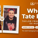 Split framed photos of Taylor Frankie Paul and ex-husband Tate Paul with a broken heart, married November 2016 and divorced 2022