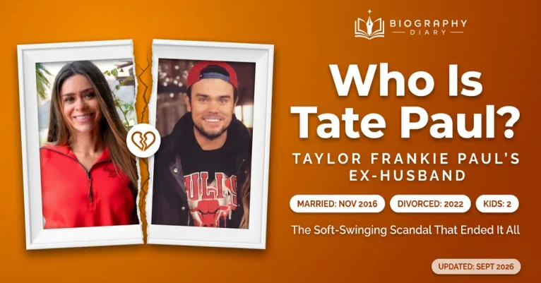 Split framed photos of Taylor Frankie Paul and ex-husband Tate Paul with a broken heart, married November 2016 and divorced 2022