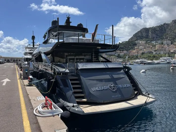 Stern view of Max Verstappen's yacht Unleash the Lion showing its Valletta, Malta registration, moored in Monaco