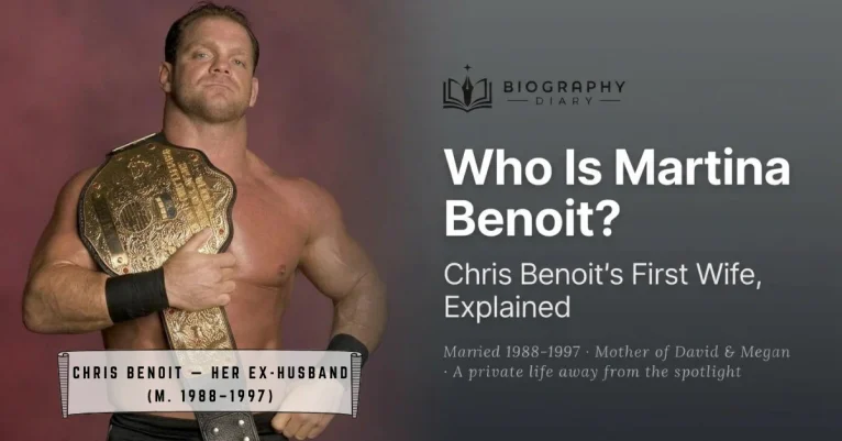 Chris Benoit, labeled as Martina Benoit's ex-husband (married 1988–1997), beside the title "Who Is Martina Benoit?" — Biography Diary featured graphic