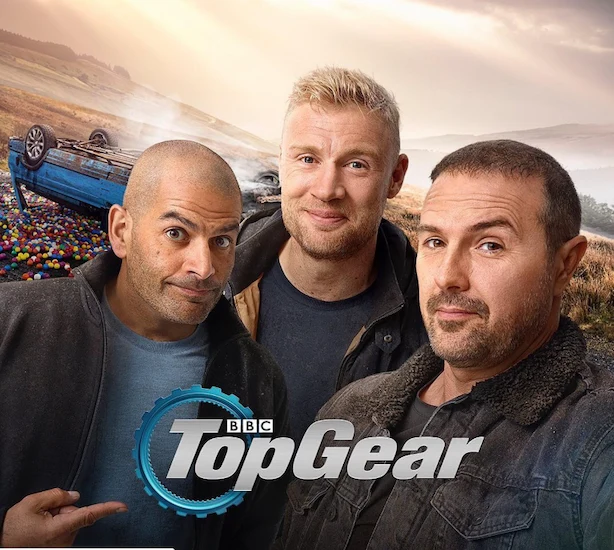 Official BBC Top Gear promotional poster featuring Chris Harris, Freddie Flintoff, and Paddy McGuinness for the 2019-2022 series.