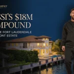 Lionel Messi standing in front of his $18 million waterfront compound in the Bay Colony neighborhood of Fort Lauderdale, Florida.