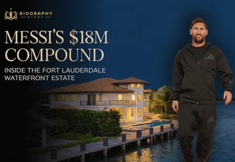 Lionel Messi standing in front of his $18 million waterfront compound in the Bay Colony neighborhood of Fort Lauderdale, Florida.