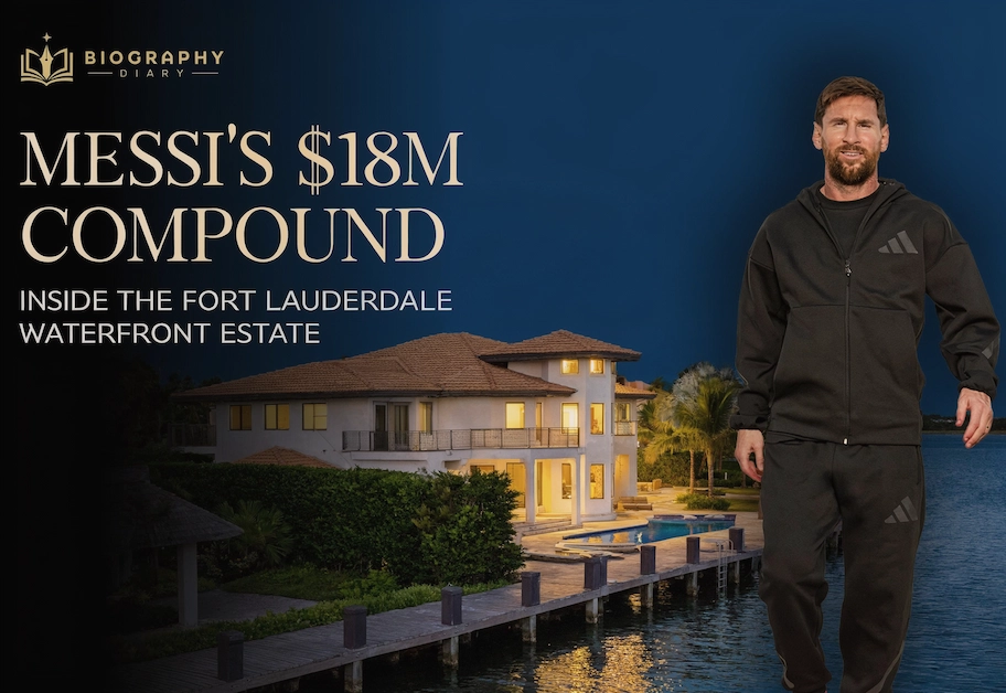 Lionel Messi standing in front of his $18 million waterfront compound in the Bay Colony neighborhood of Fort Lauderdale, Florida.
