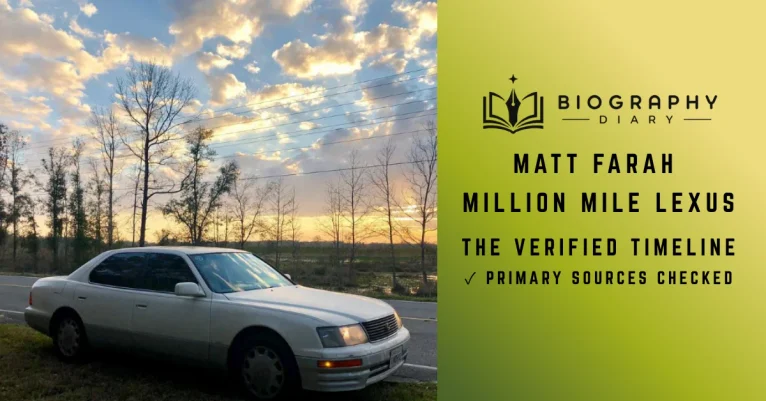 Matt Farah Million Mile Lexus verified timeline graphic: silver 1996 LS400 parked roadside at sunset