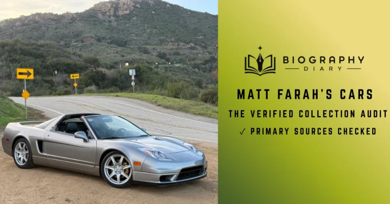 Matt Farah's Cars: The Verified Collection Audit — Biography Diary graphic featuring a silver 2005 Acura NSX parked on a mountain road.