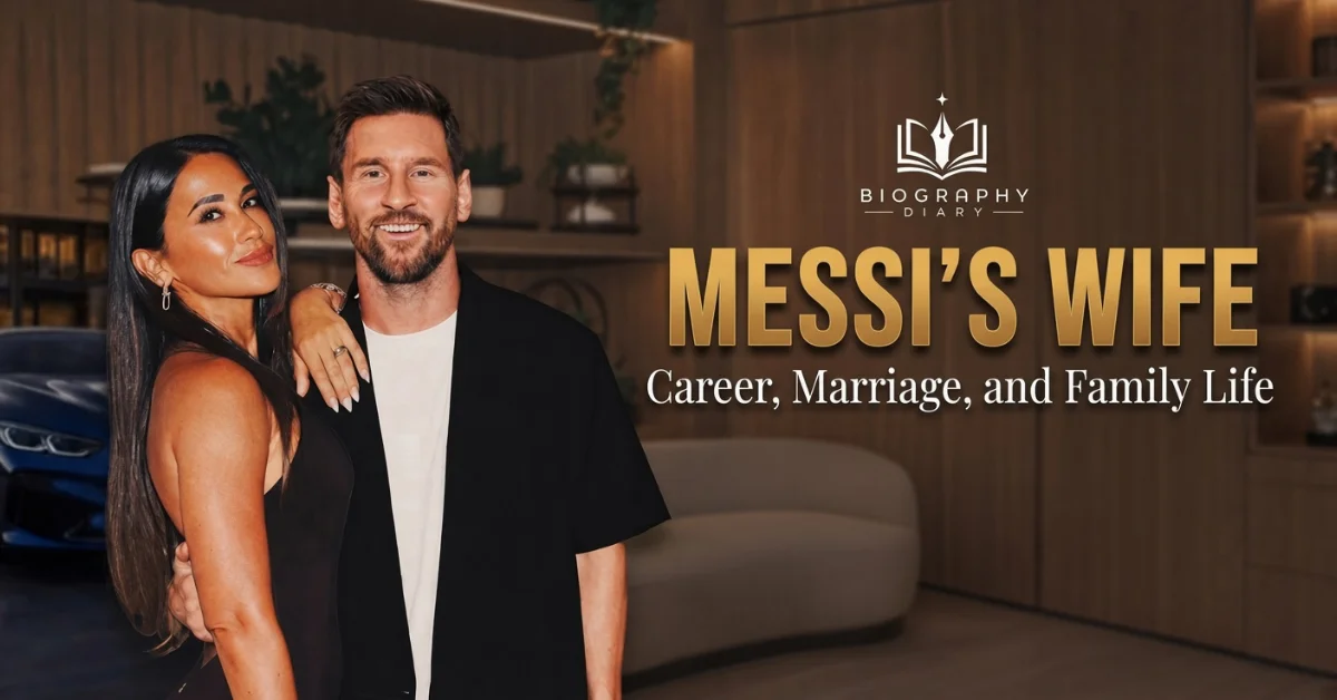 Lionel Messi and his wife Antonela Roccuzzo posing together for a feature on her career, marriage, and family life.
