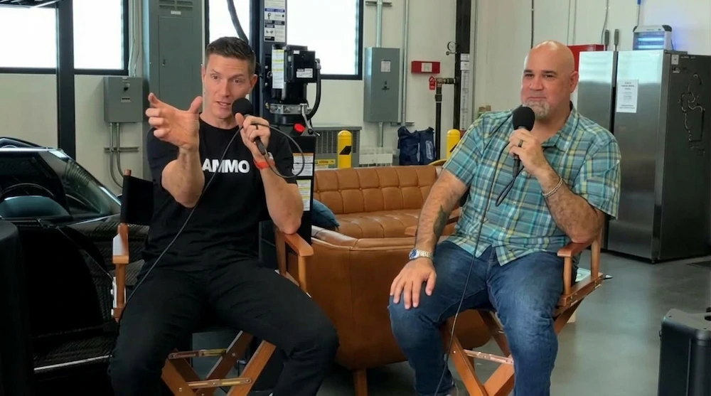Matt Farah and co-host recording a live podcast inside the soundproof studio at Westside Collector Car Storage