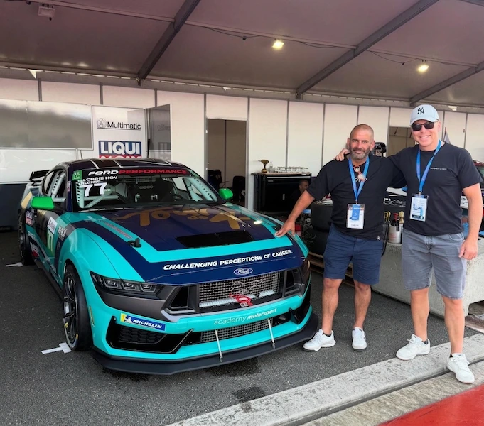 Chris Harris and Sir Chris Hoy with the #77 Academy Motorsport Ford Mustang Dark Horse R at the 2025 Le Mans Invitational, supporting cancer awareness charity Tour de 4